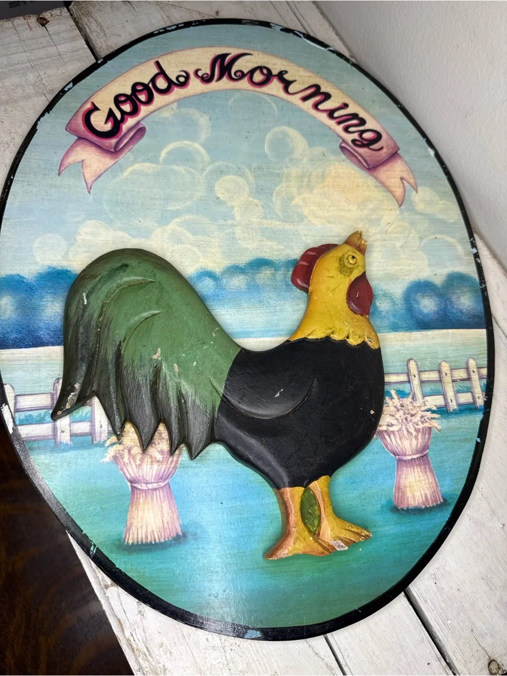 Good Morning Rooster Wall Plaque - Green, Black, Yellow